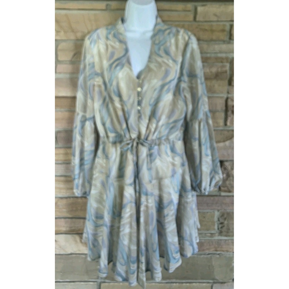 Entro Boho Marble Print Mini Dress Women's Large Blue Beige Tie Waist Flowy